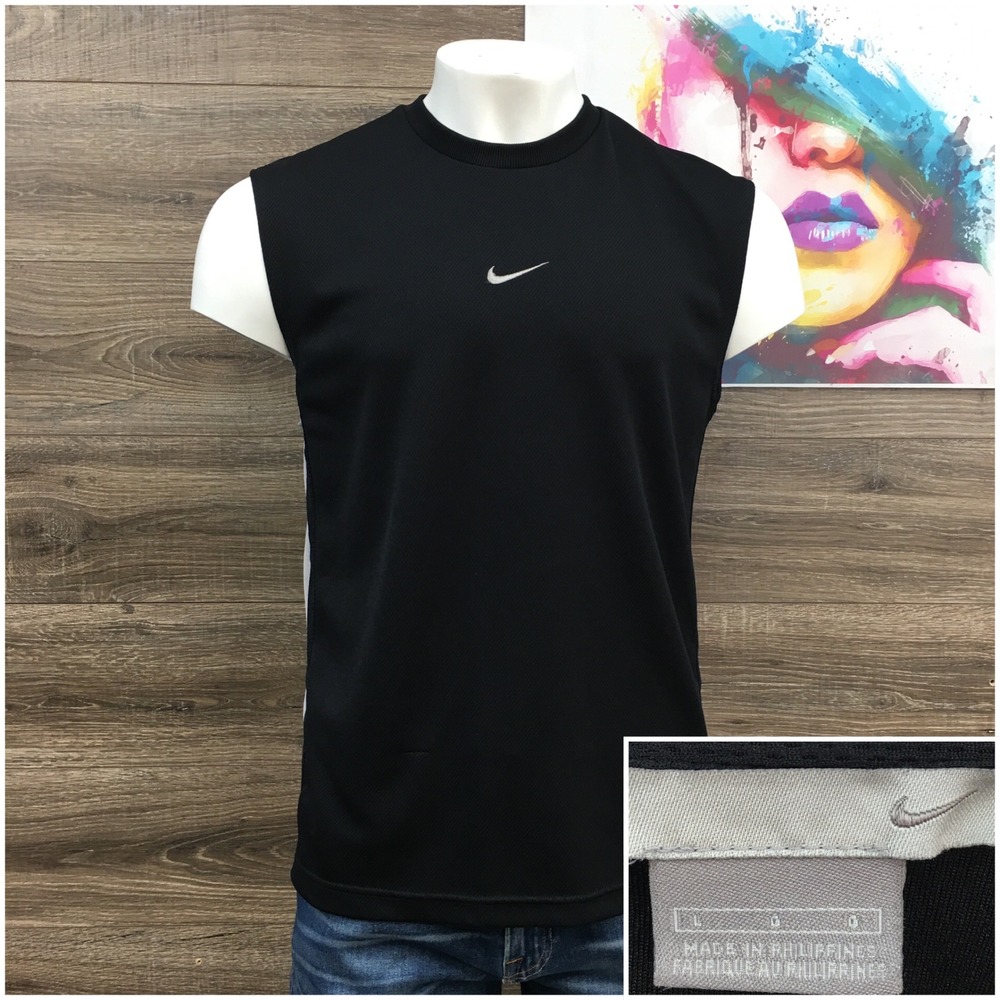 VINTAGE Nike Mens Y2K Sleeveless Training Shirt‎ Black Grey Swoosh Logo Large